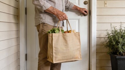 elderly Person at front door holding reusable grocery bag Retirement Living concept