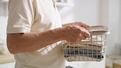 elderly Person holding laundry basket with folded clothes in bright room Retirement Living concept