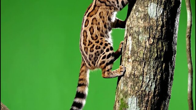 Margay climbing tropical rainforest tree trunk on green screen background