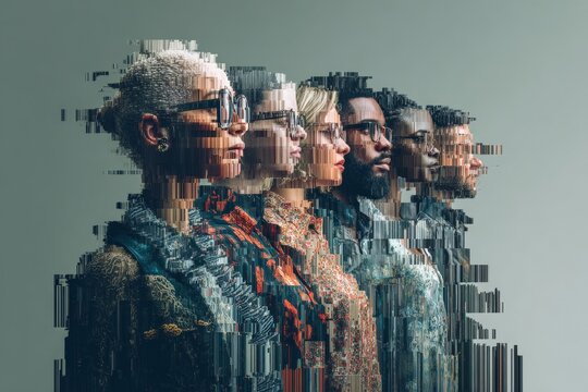 Digital Tapestry: A digitally fragmented portrait of a diverse group of individuals, showcasing the intricate interplay of identity, perception, and the evolving nature of human connection.