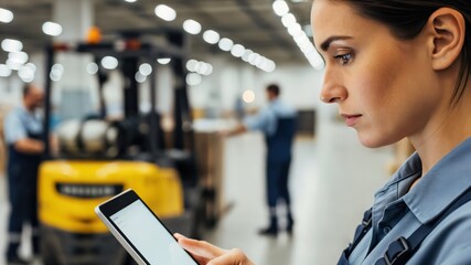 Young Female Warehouse Worker Using Mobile Device in Busy Logistics Environment