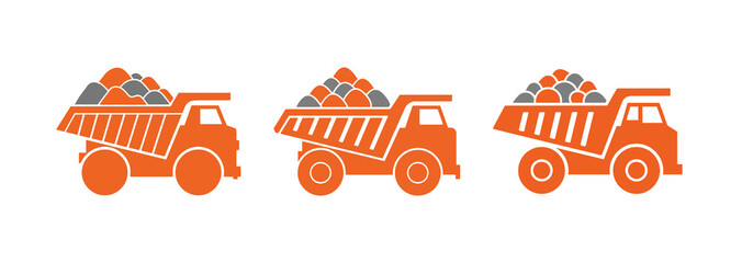 Three orange dump trucks loaded with rocks, depicted in a minimalist, flat design style. Ideal for illustrating construction, mining, or logistics © ARIF