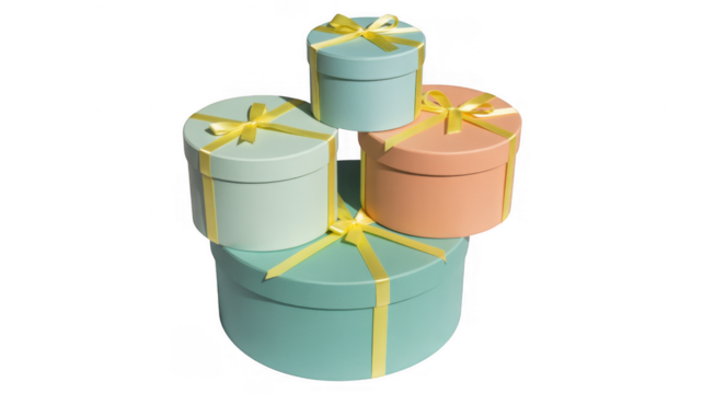 Four colorful gift boxes with yellow ribbons stacked isolated on a transparent background - Powered by Adobe