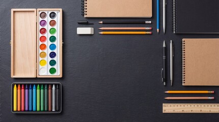 A diverse collection of creative art and essential school supplies neatly arranged on a dark desk