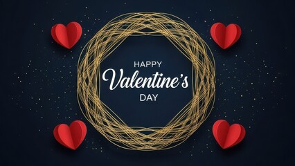 Happy valentine's day greeting card with red hearts and golden wreath