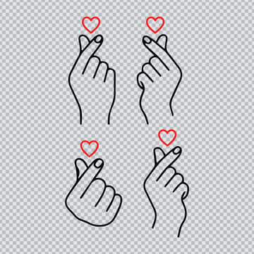 Set of Korean Finger Heart Gesture Line Art Illustrations with Cute Red Hearts for Romantic, K-Pop, and Valentine's Day Design Elements.