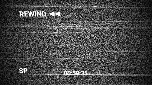 4K Heavy Old TV Film Static Noise Screen with Rewind 'REW' Indicator and Tracking Lines