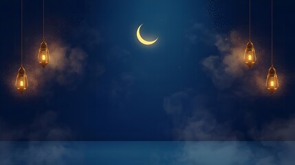 A bright full moon shines over the dark night city landscape, casting blue moonlight across the sea and starry sky in a fantasy nature scene