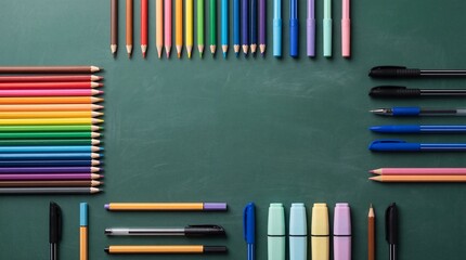 Colorful assortment of school and office supplies on a vibrant green background, ready for creativity