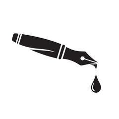 Obraz premium A simple black silhouette of a fountain pen with a drop of ink falling from the nib