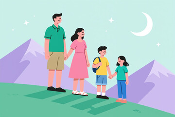 Naklejka premium Cartoon family of four holding hands, standing on a green hill with purple mountains and a light green night sky with stars and a crescent moon.