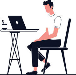 Fototapeta premium Man in white shirt dark pants sits at table with laptop and pen sitting chair d