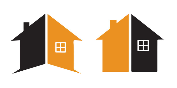 Two abstract house logos in black and orange facing each other, real estate concept vector illustration