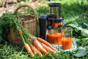Fresh carrot juice with juicer in nature setting.