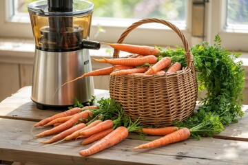 Basket of fresh carrots beside a juicer.