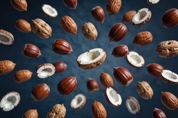 Floating walnuts and hazelnuts on a dark blue background