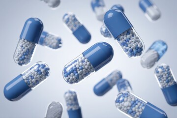 Floating blue capsules with white granules inside.