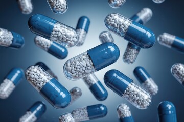 Floating blue and white capsules on a gradient background.