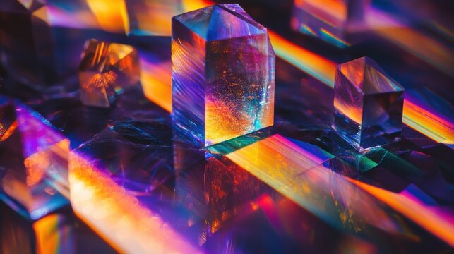 Diffraction order spectra prismatic crystal structures laser interference patterns rainbow light dispersion vivid colors macro photography dark background optical physics