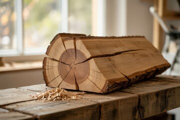 Close-up of a wooden log on a craftsman's table