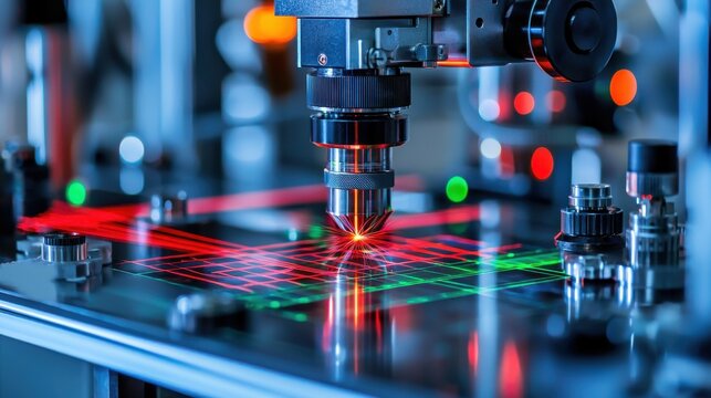 Optical coherence colors laser interference patterns red green wavelengths geometric formations precision laboratory equipment photonics research technology scientific setup