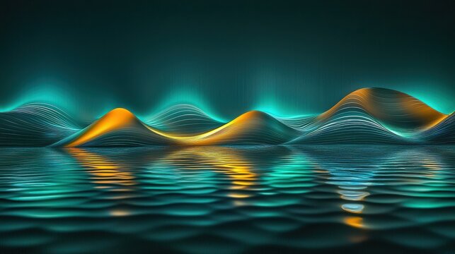 Laser coherence length visualization through wave interference pattern displaying rippling bands with teal and golden reflections on water surface optical physics
