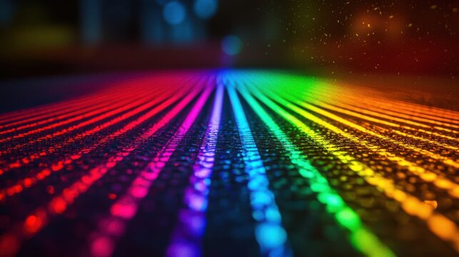 Diffraction laser bands creating spectacular rainbow interference patterns with vibrant spectral colors radiating across dark textured surface background