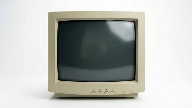 Vintage Beige CRT Computer Monitor with Blank Screen on White Background