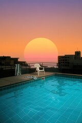Serene rooftop pool at sunset with vibrant colors