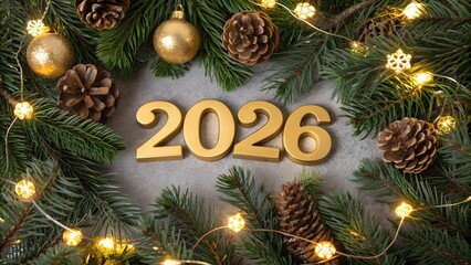 Festive 2026 new year celebration with golden numbers surrounded by christmas decorations and lights