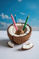 Creative pencil holder made from a halved coconut.