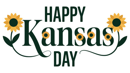 Happy kansas day typography design with sunflower elements isolated on light background representing state celebration, pride, tourism and american culture © muhammad