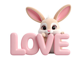 Fototapeta premium Valentine’s Day LOVE Text with Cute Bunny Hugging Letters, Front View, Romantic Cartoon Style, Isolated PNG 