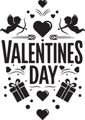 A romantic black and white valentines day design with cupids, hearts, and gift boxes