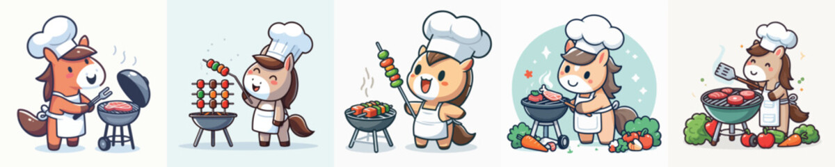 cute horse vector grilling meat