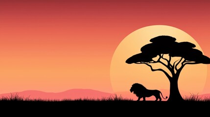 lion Profile Silhouette Lion profile in striking silhouette, its regal shape standing out boldly against a vivid orange and pink savanna sunset.