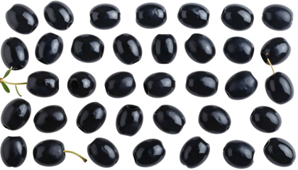 Grid of glossy, oval, pitted, black olives, some with small stem/leaf accents, on a black void