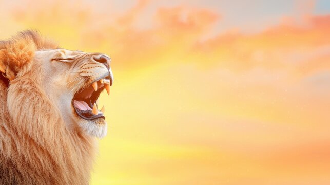 lion roaring Profile view of a roaring lion, its muscular frame highlighted by the warm hues of sunset, evoking strength and power in the wilderness.