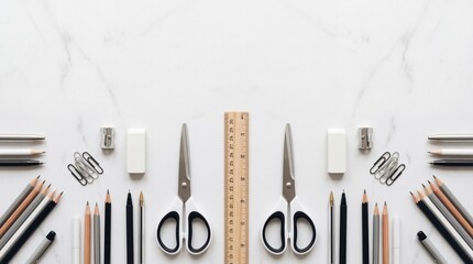 Symmetrical arrangement of essential school and office supplies on a clean white background