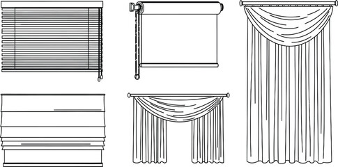 Line art vector set of 4 window covering types venetian blinds roller shade roman blind and curtains