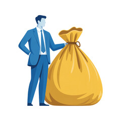Businessman holding large money bag isolated on transparent background