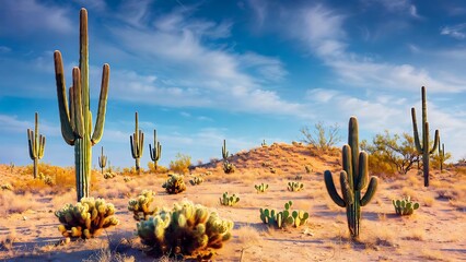 Majestic saguaro cacti stand tall in a sun-drenched desert landscape under a clear blue sky
