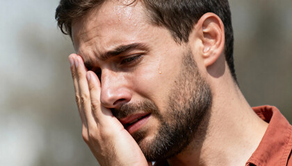 Obraz premium A sad man crying in pain and despair. Close-up portrait of a grieving person with tears. Emotional distress and mental health concept