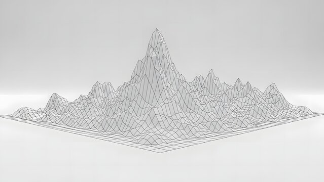wireframe mountain range with grid base and light grey background