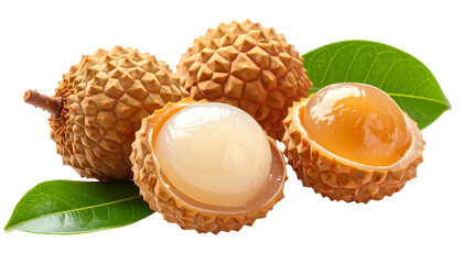 A close-up of several lychees, some whole, one halved, with green leaves on black