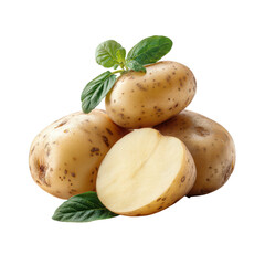 Fresh Potato Harvest: A close-up showcases a pile of fresh, unblemished potatoes, with a halved one revealing its creamy interior and vibrant green garnish.