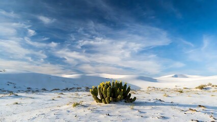 Vibrant flowering cactus stands prominently amidst the stark white gypsum sand dunes under a