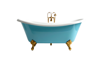Front view of a vintage, sky-blue bathtub with gold fixtures and claw feet on black