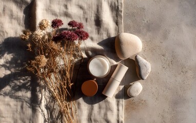 Luxury Skincare Presentation with Natural Stones and Neutral Linen Backdrop
