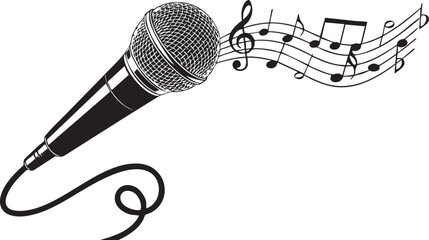 Fototapeta premium Black microphone with music notes on white background black and white musical instrument singing